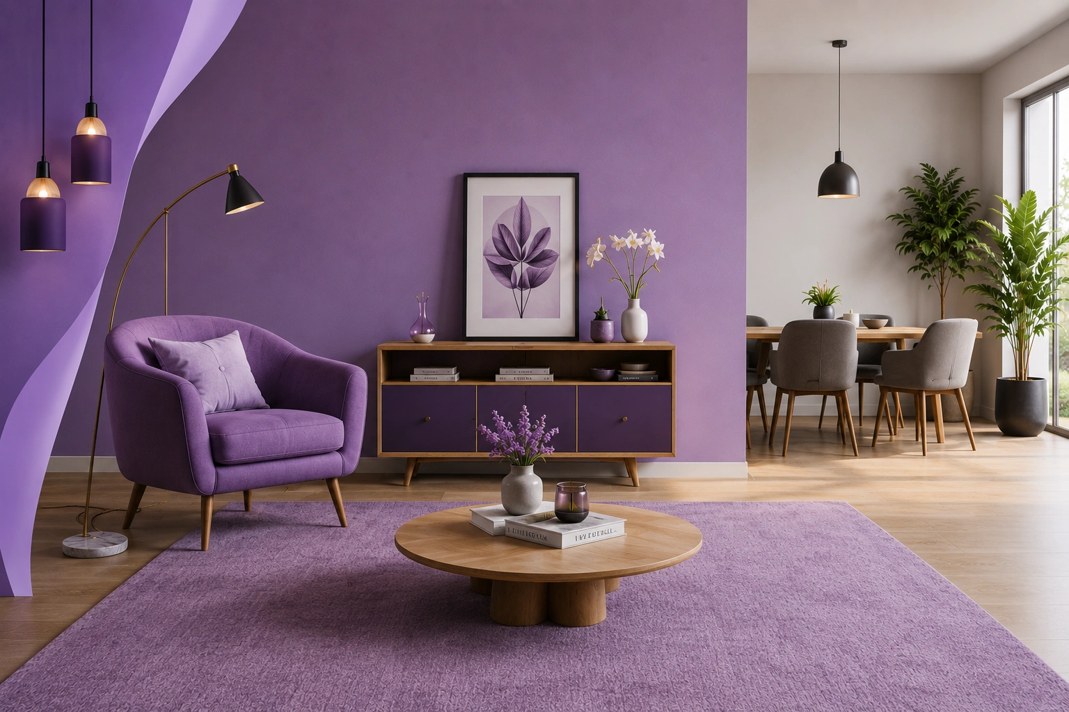 Elegant lavender-toned home interior with a chair, wall art, dining space, and natural light.