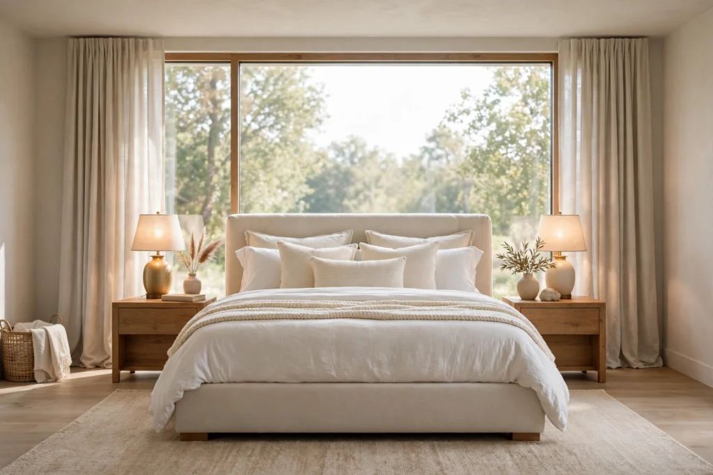 Serene modern bedroom with a centred upholstered bed, layered white bedding, warm bedside lighting and a soft neutral rug