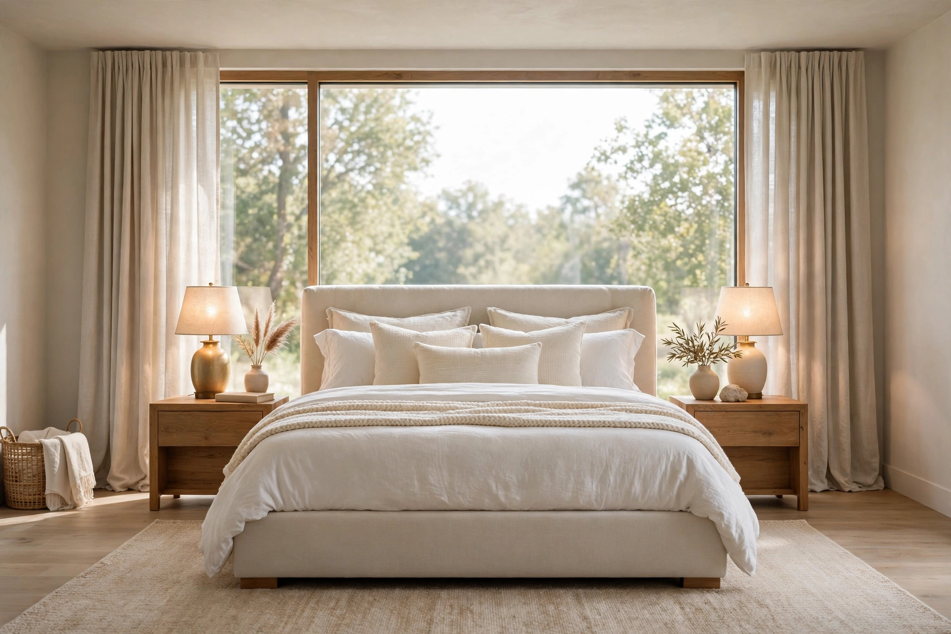 Serene modern bedroom with a centred upholstered bed, layered white bedding, warm bedside lighting and a soft neutral rug