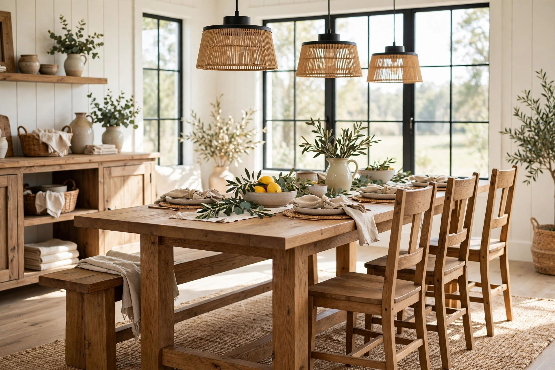 Wooden bench paired with dining chairs at a farmhouse table