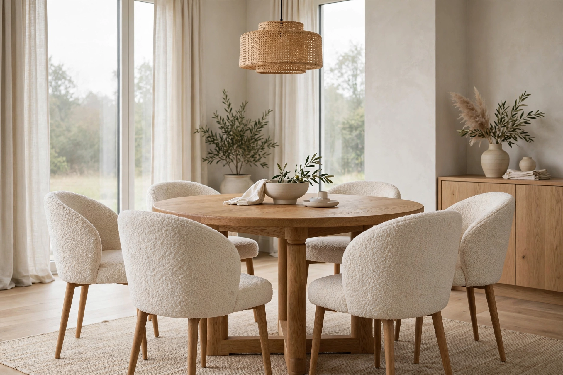 Cream bouclé fabric dining chairs around a round table