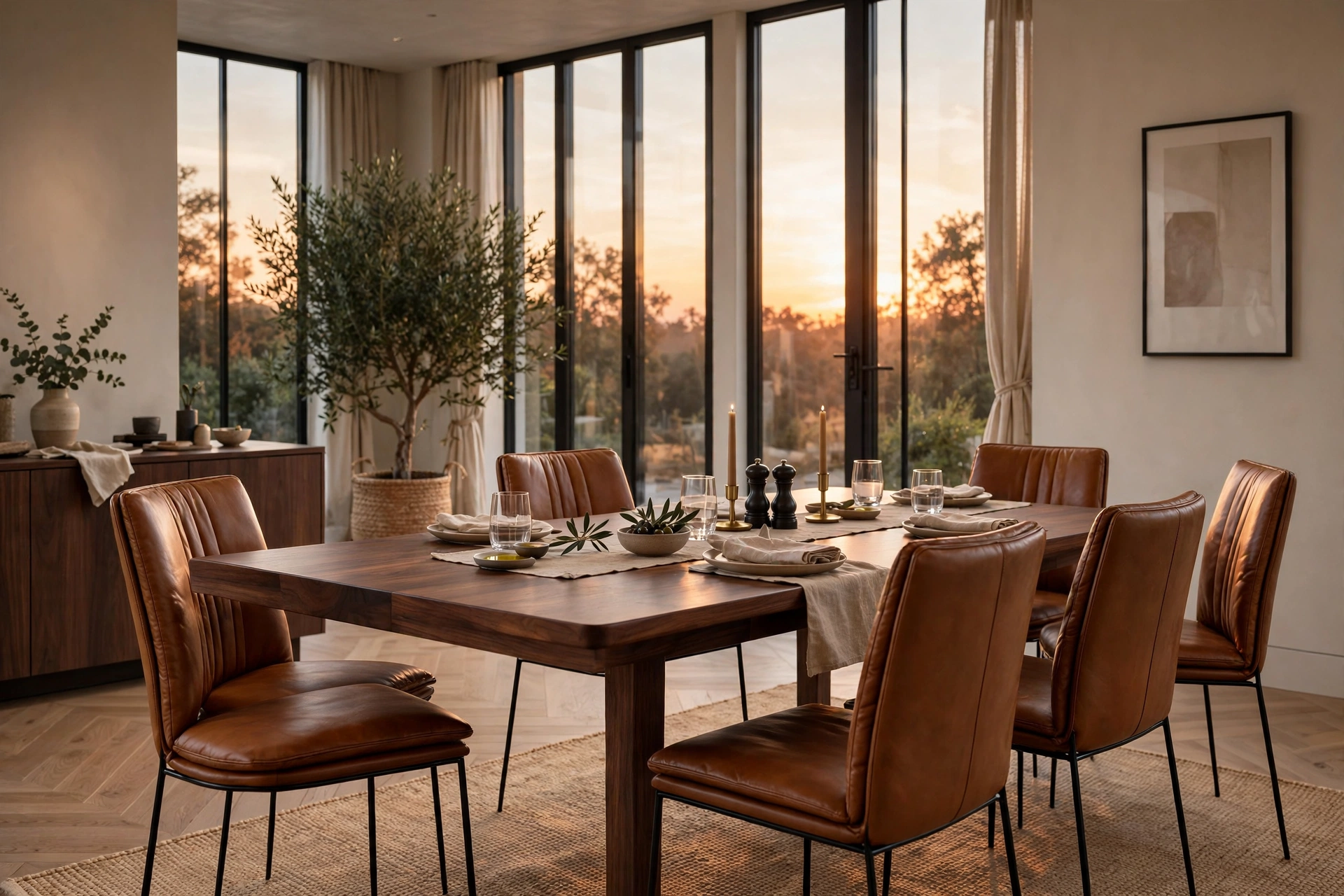 Cognac leather dining chairs with black metal legs