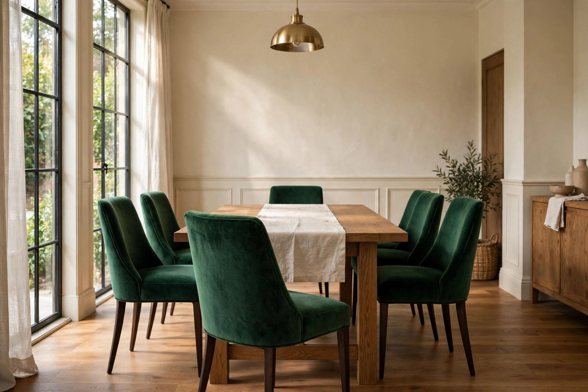 Beautiful dining room with elegant dining chairs arranged around a wooden dining table
