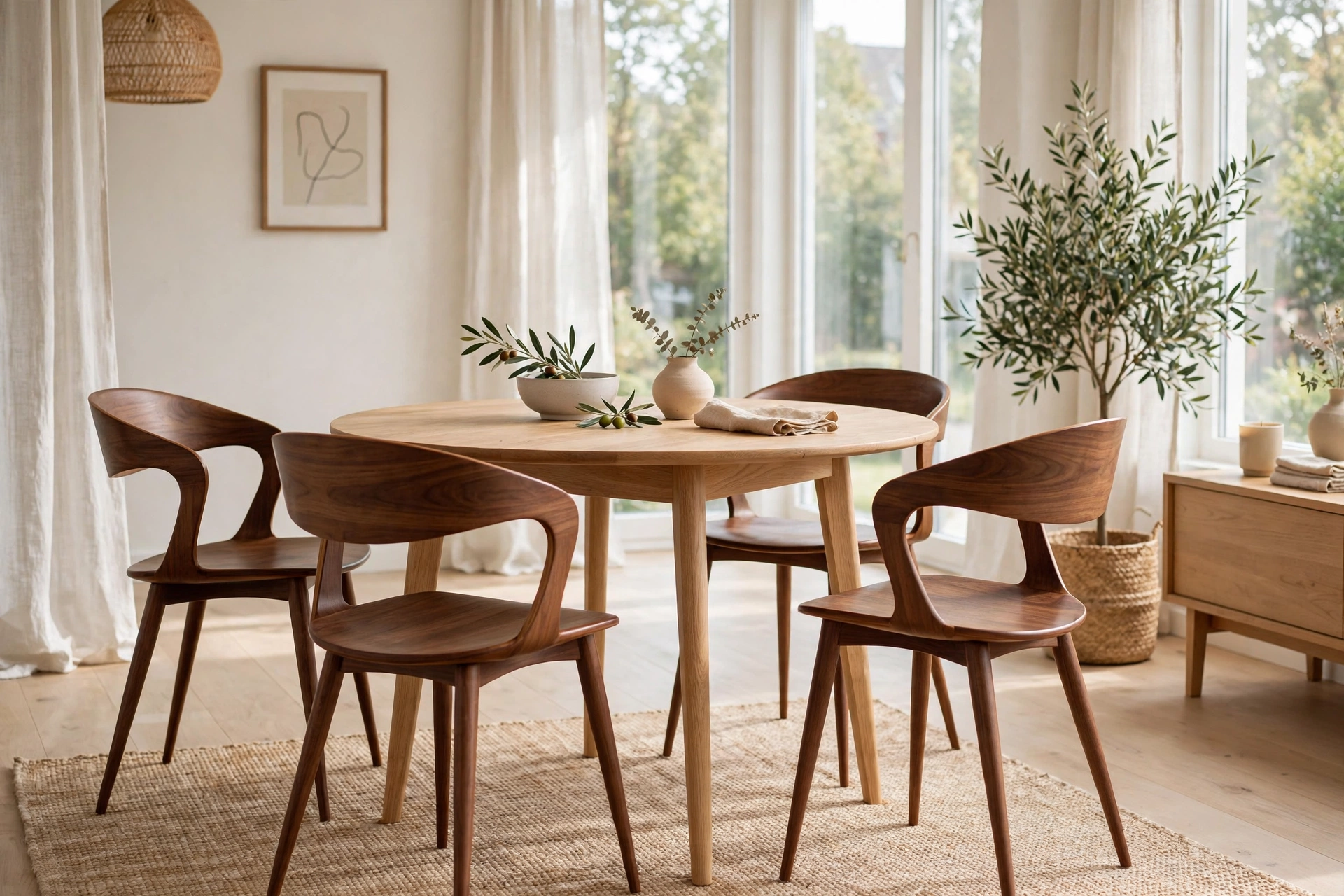 Mid-century modern dining chairs with tapered walnut legs
