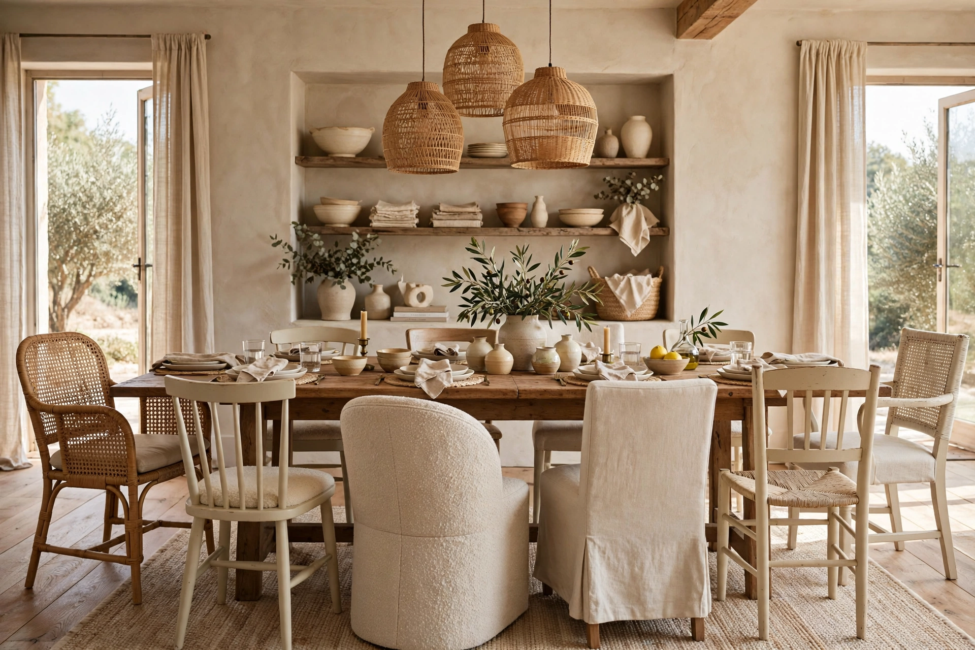 Mismatched dining chairs in matching neutral tones around a wooden table