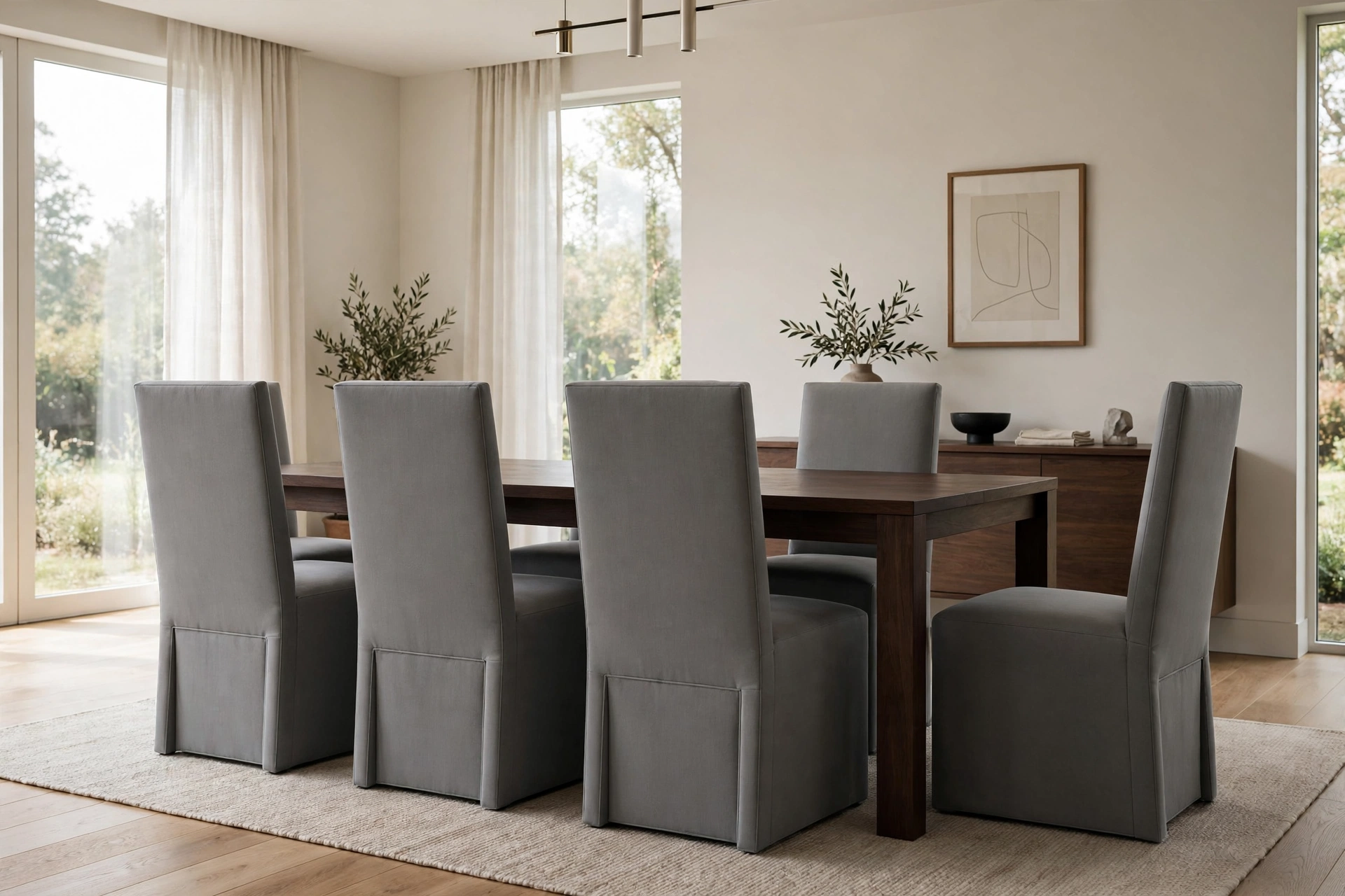 Upholstered Parsons dining chairs in grey performance fabric