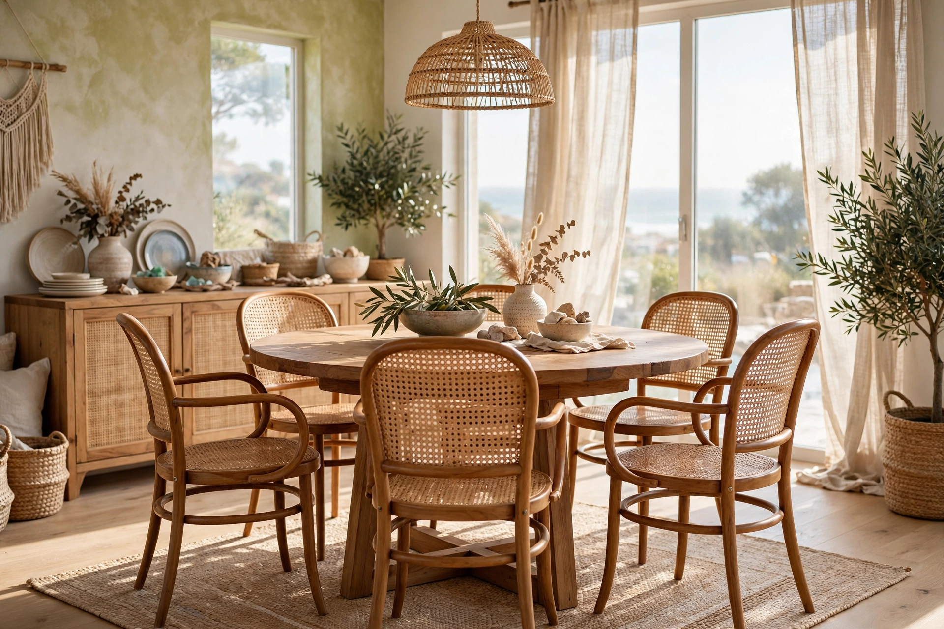 Rattan cane back dining chairs with curved wooden frames
