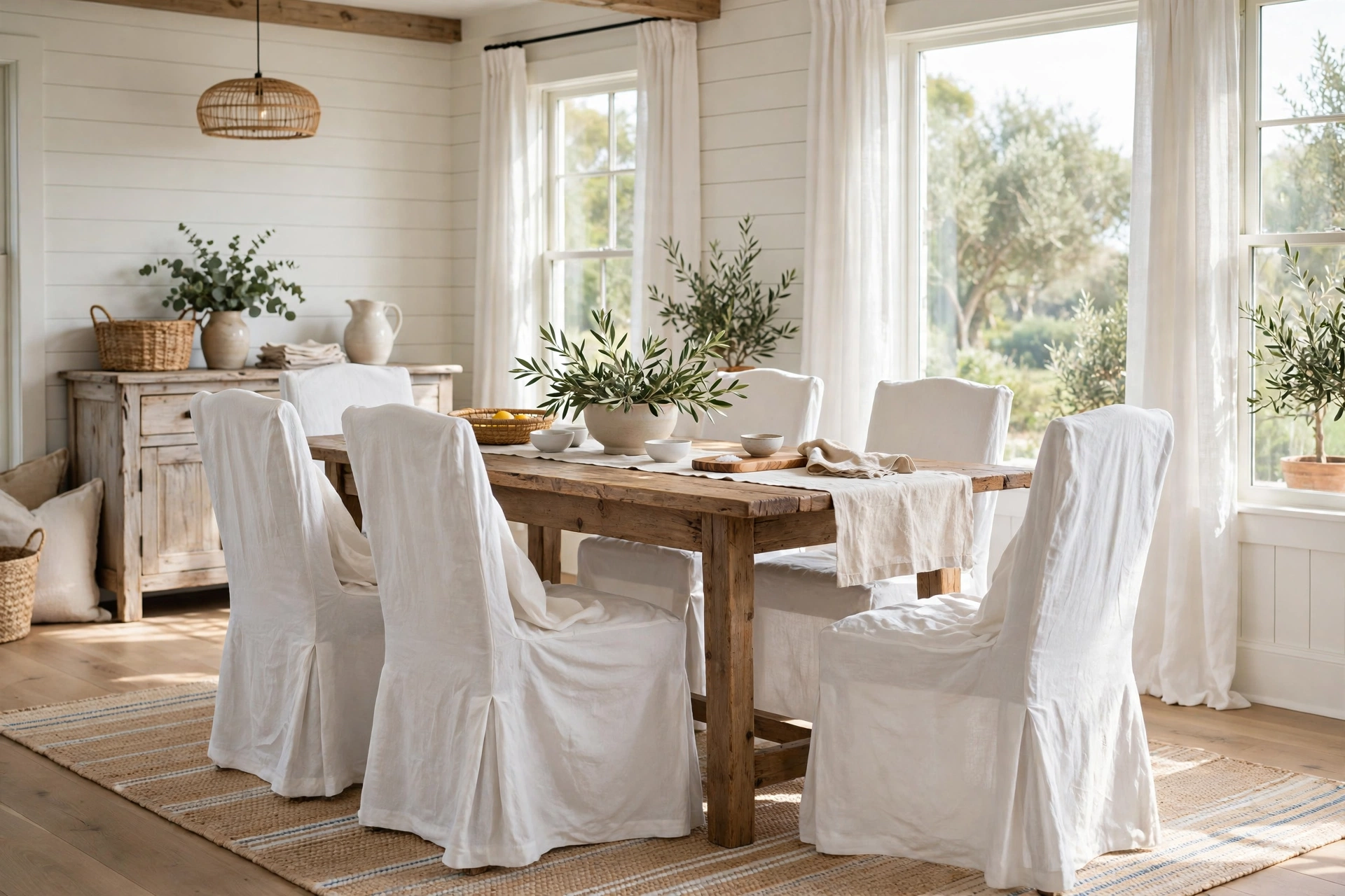 White slipcovered linen dining chairs in a bright dining room