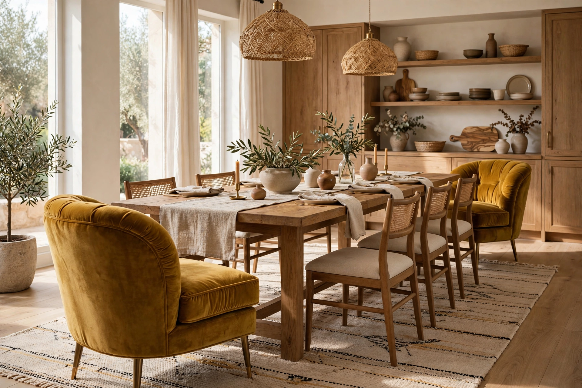 Statement upholstered armchairs at the ends of a dining table