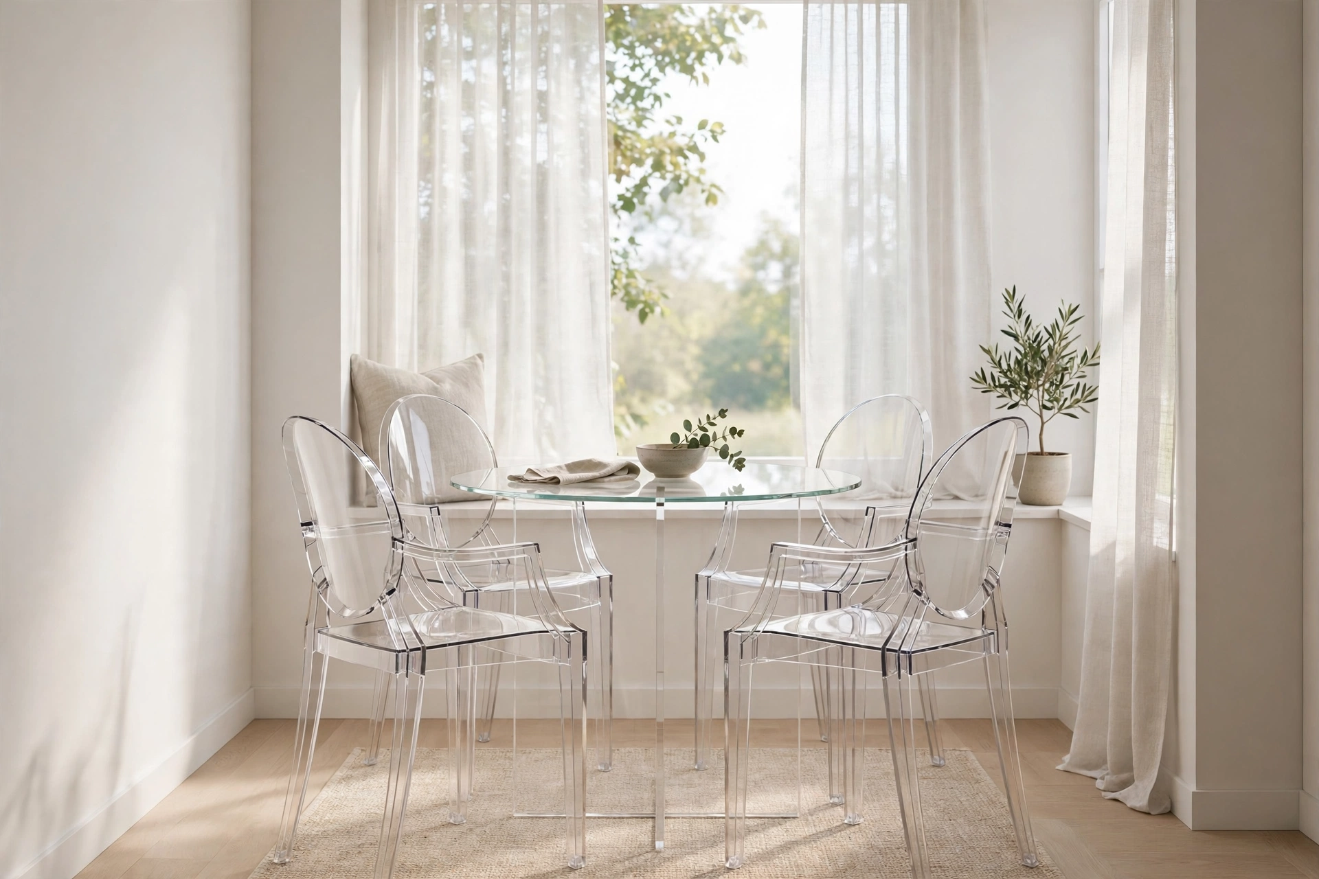 Transparent acrylic ghost dining chairs around a glass table