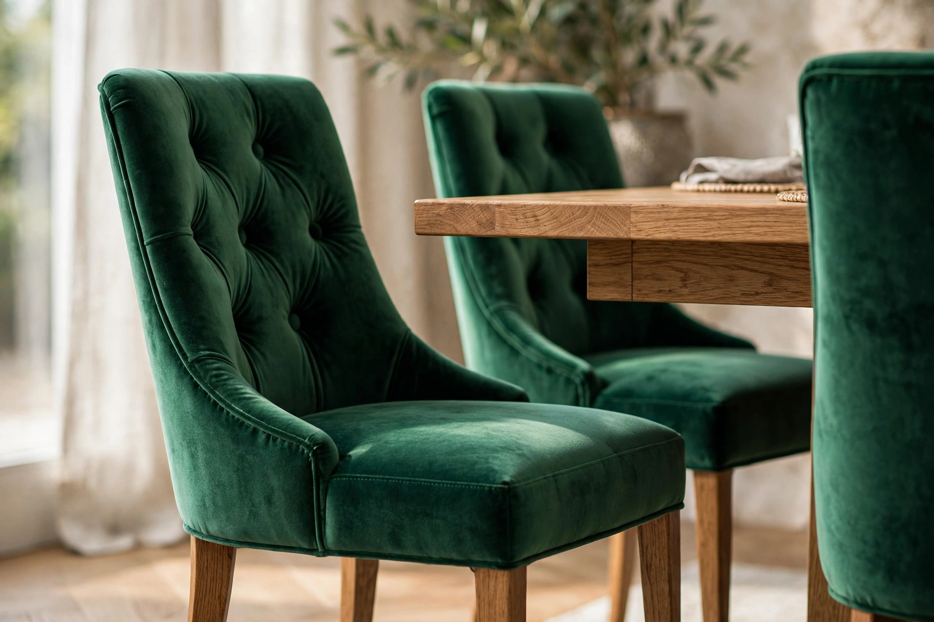 Emerald velvet upholstered dining chairs around an oak dining table