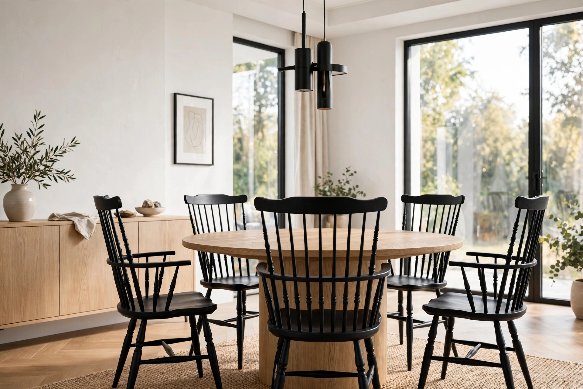 Black Windsor dining chairs with spindle backs in a modern dining room