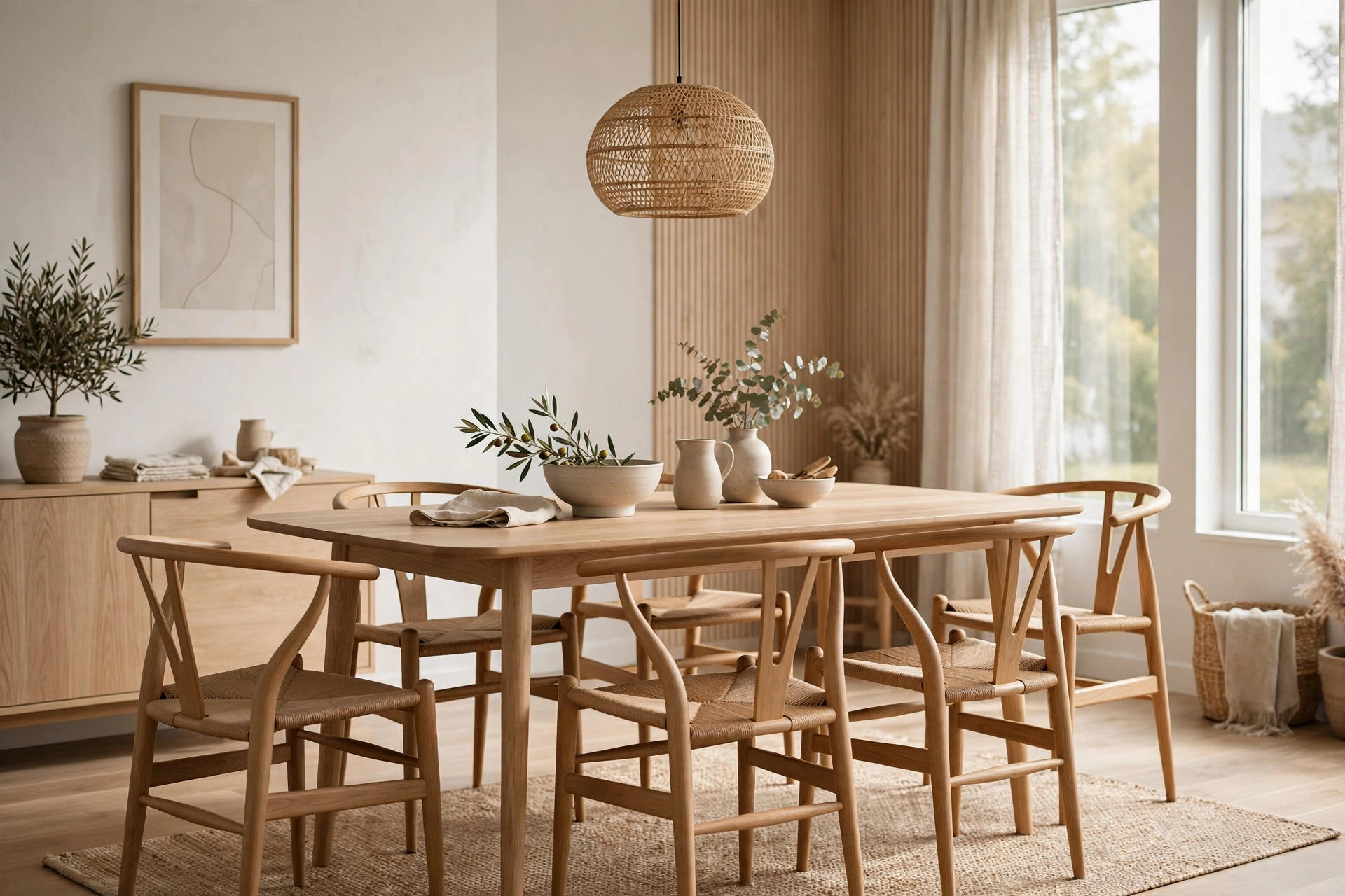Wishbone dining chairs with woven paper cord seats