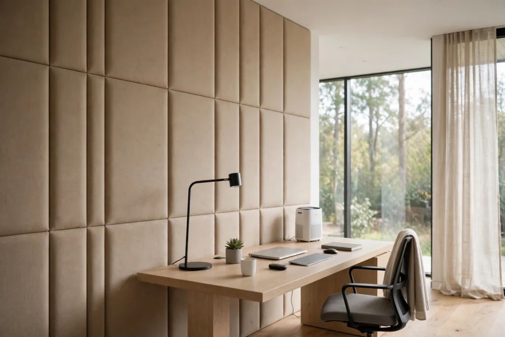 Modern home office with acoustic wall panels and smart tech