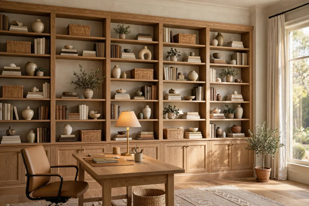 Built-in bookcase wall filled with books in a home office