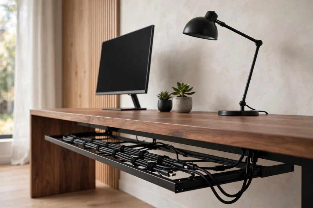 Tidy home office desk with hidden cables and an under-desk cable tray