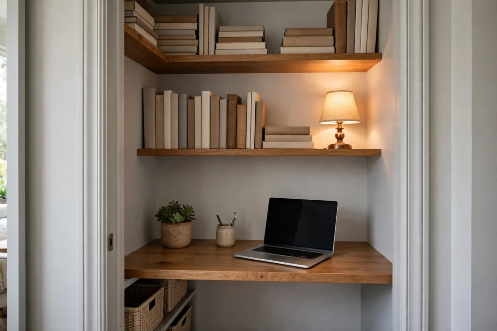 Small closet converted into a home office nook with a desk and shelving