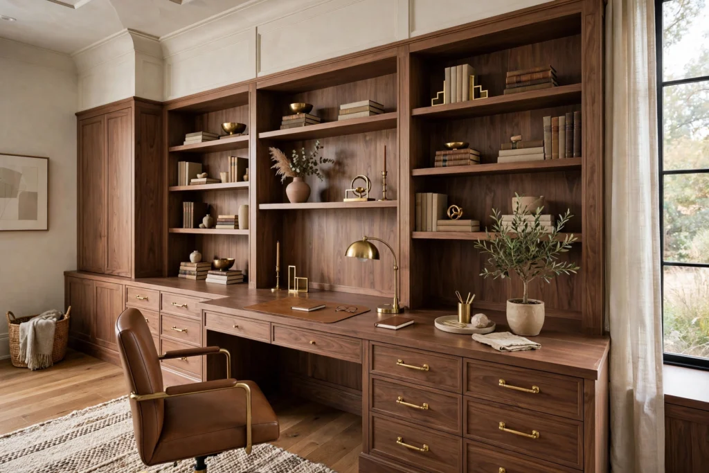Custom built-in desk cabinetry in a premium home office