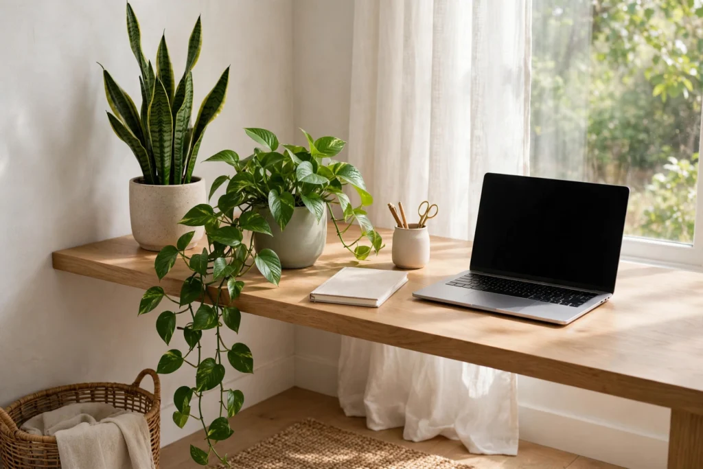 Home office desk decorated with trailing and potted indoor plants