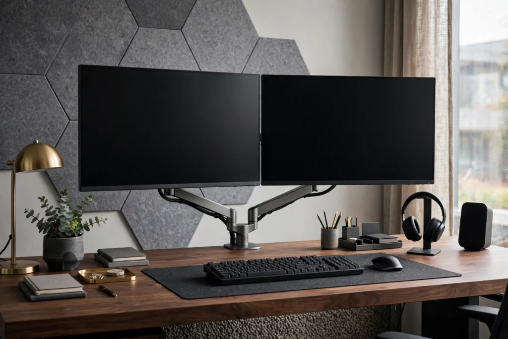 Premium dual-monitor home office setup with designer desk accessories