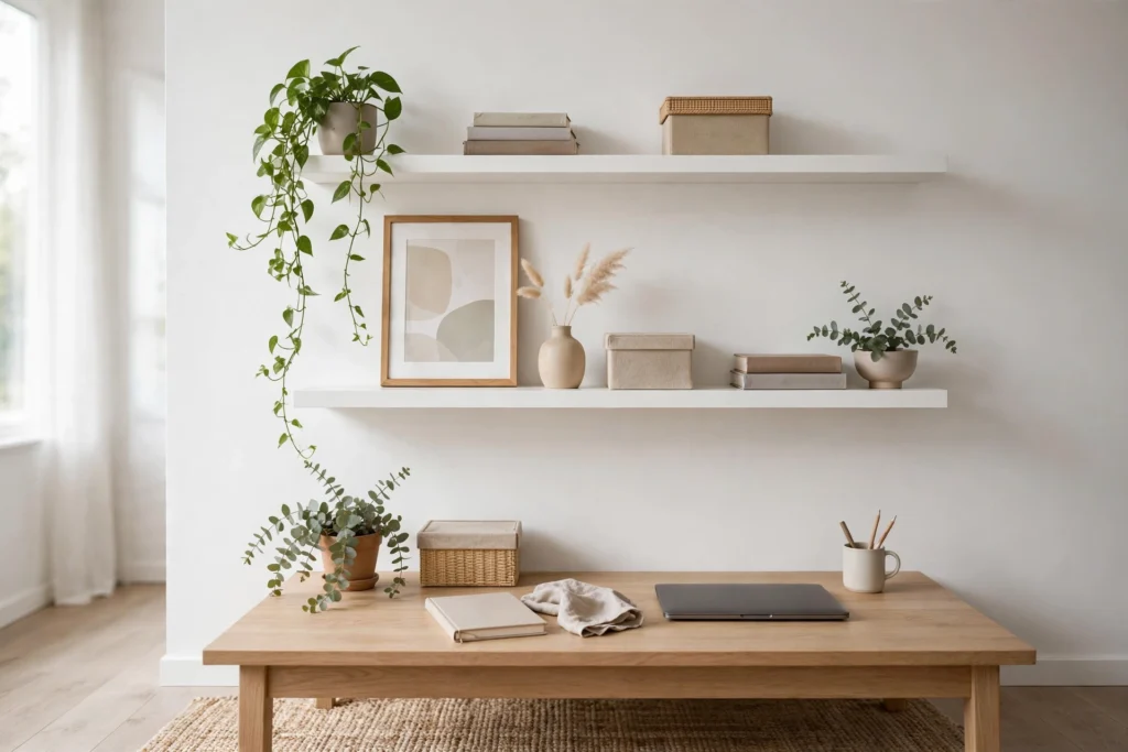 White floating shelves above a home office desk holding books and plants