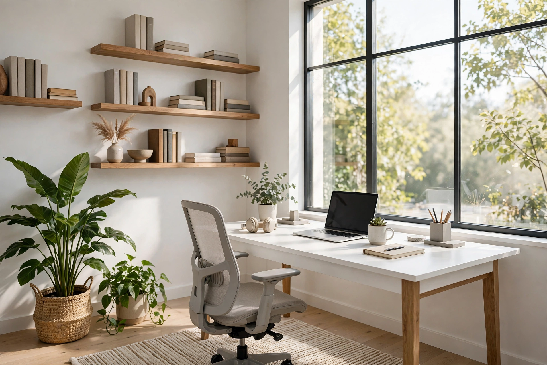 Bright, stylish home office interior with a white desk near a window, plants and floating shelves