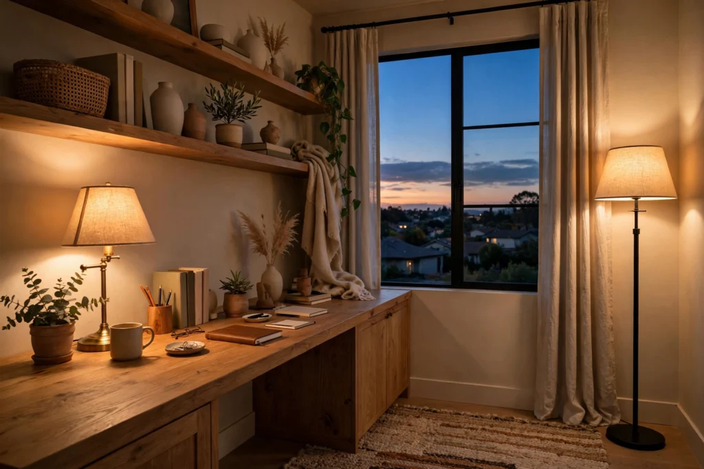Home office with a desk lamp, floor lamp and warm evening lighting