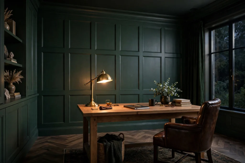 Home office with a panelled accent wall behind a desk