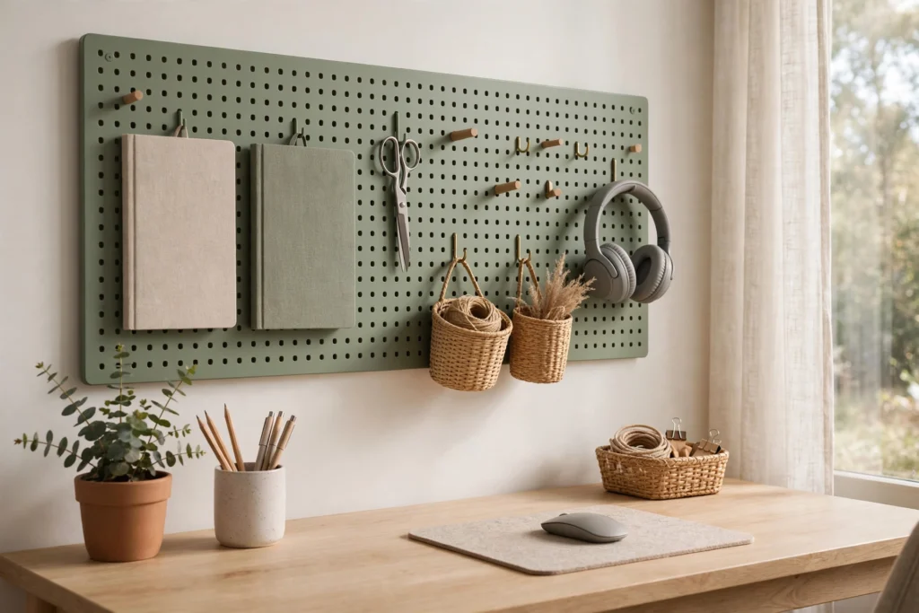 Pegboard wall organiser above a desk with neatly arranged office supplies