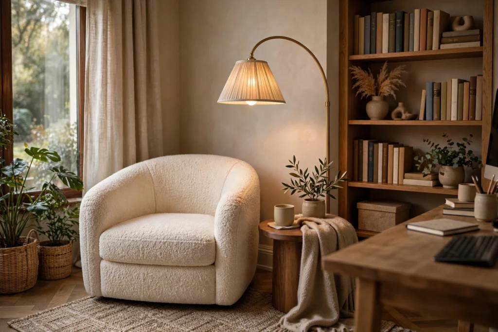 Cozy reading nook with an armchair and lamp in the corner of a home office