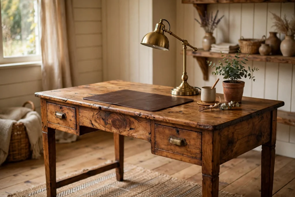 Refinished vintage wooden desk styled as a home office workspace