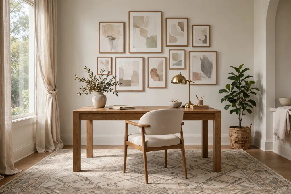 Home office with a patterned rug and framed wall art above the desk