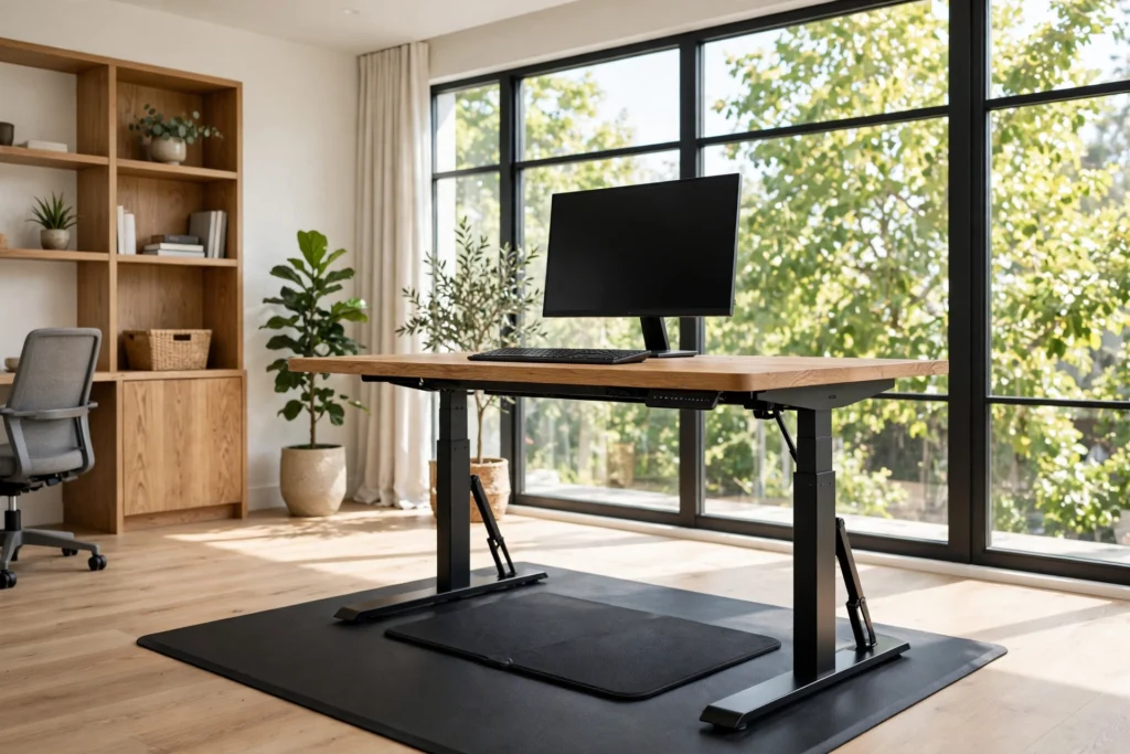 Height-adjustable standing desk in a bright home office