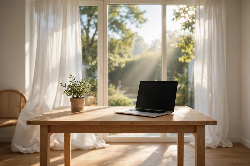 Home office desk placed facing a large bright window with natural light