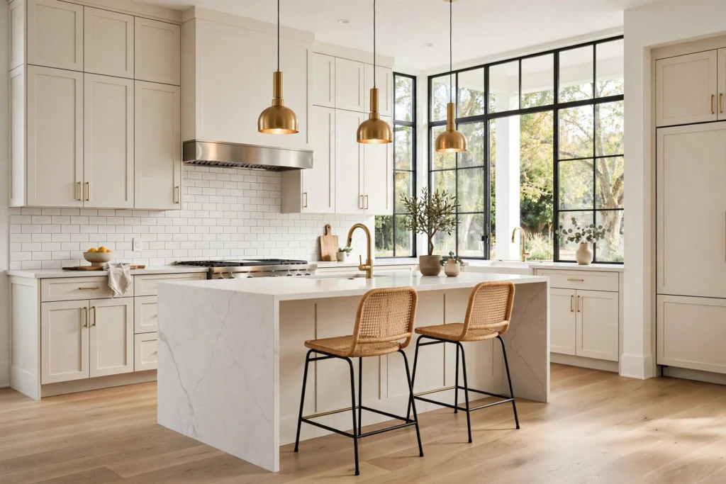 Bright modern kitchen remodel with shaker cabinets, quartz island and pendant lighting