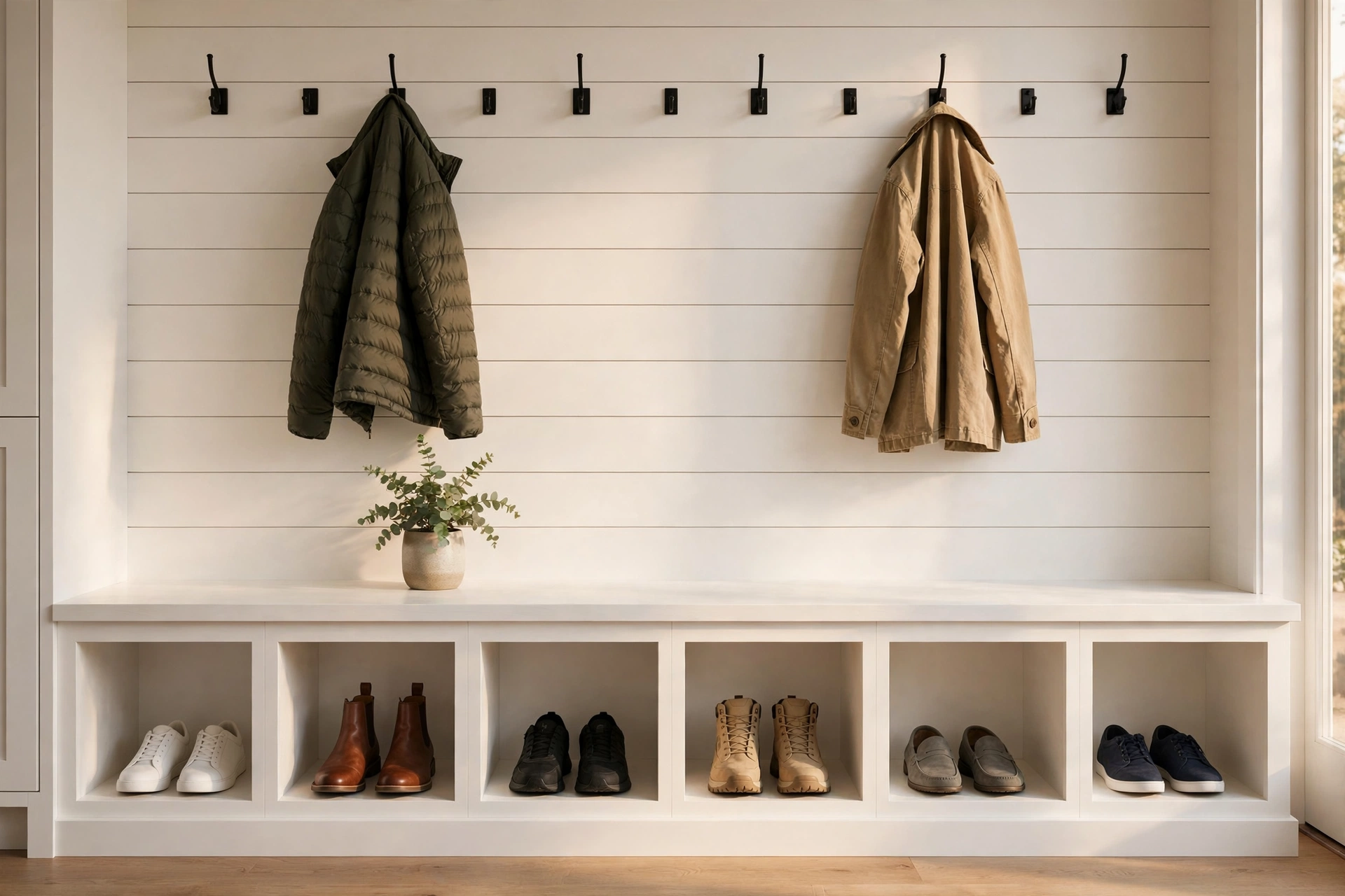 Built-in white mudroom bench with open cubbies holding neatly arranged shoes, coat hooks above on shiplap wall