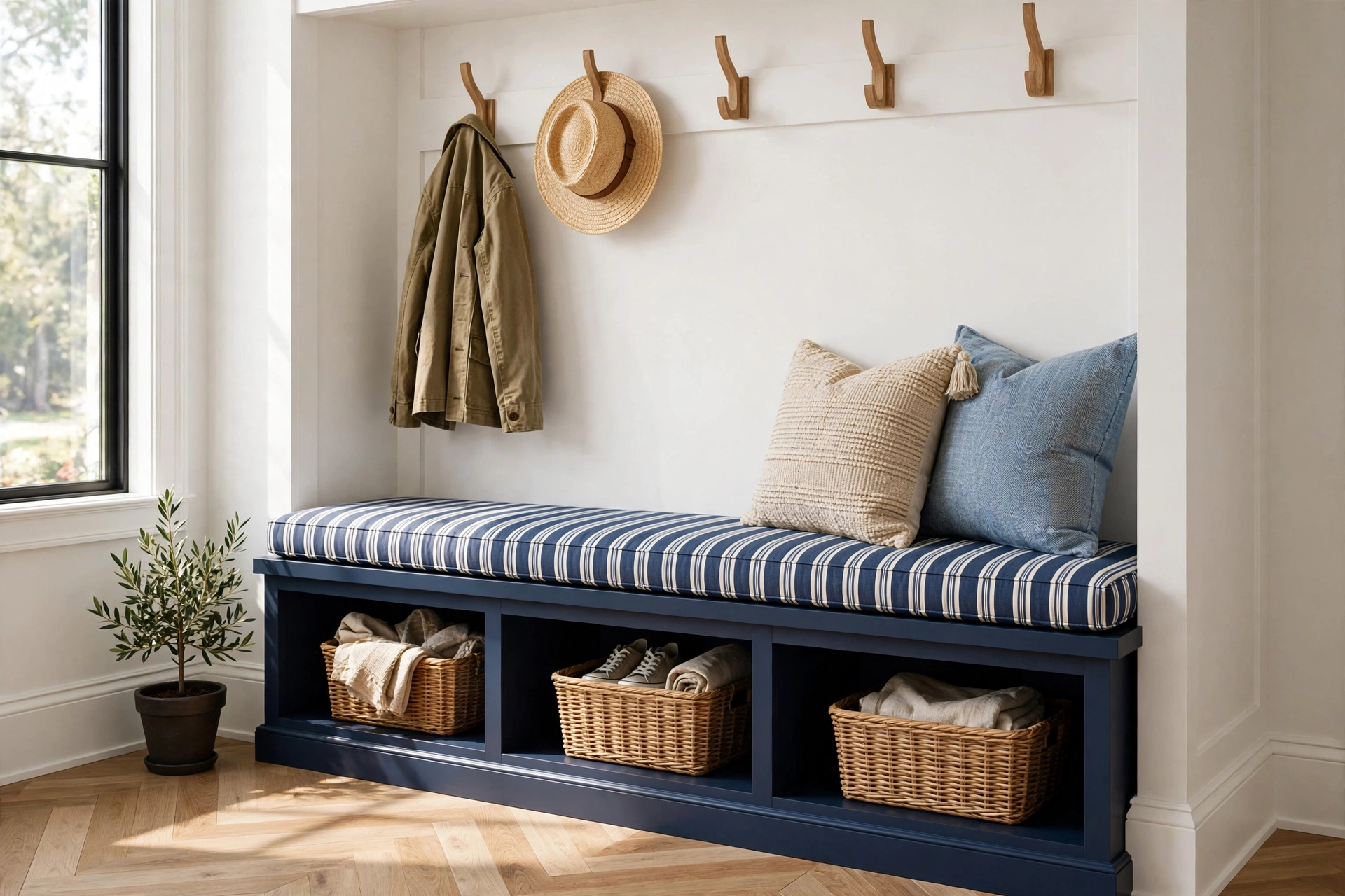 Mudroom bench with a long striped performance-fabric cushion, pillows, baskets below and hooks above