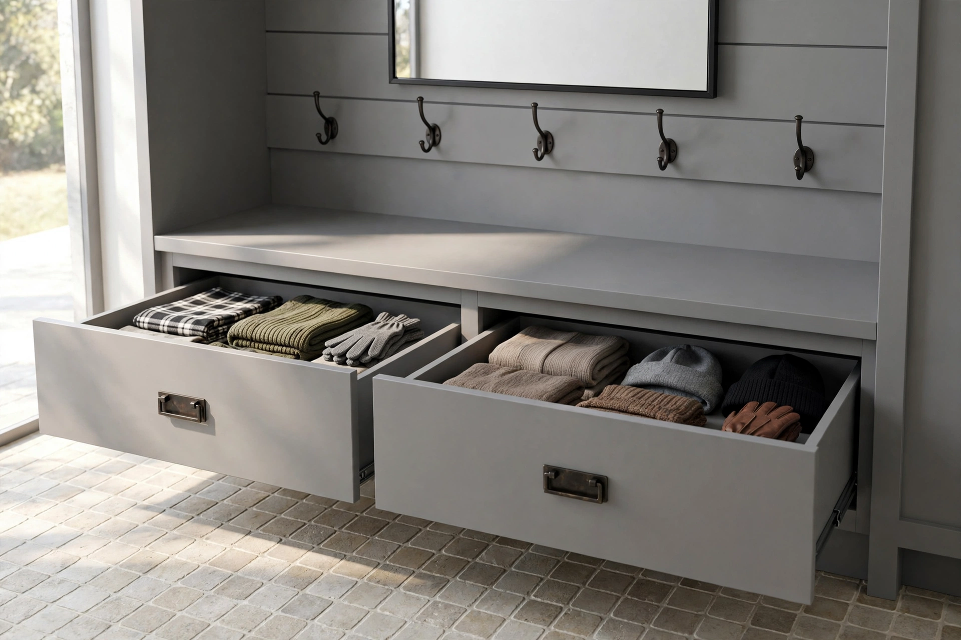 Mudroom bench with deep pull-out drawers open showing folded scarves and hats stored inside