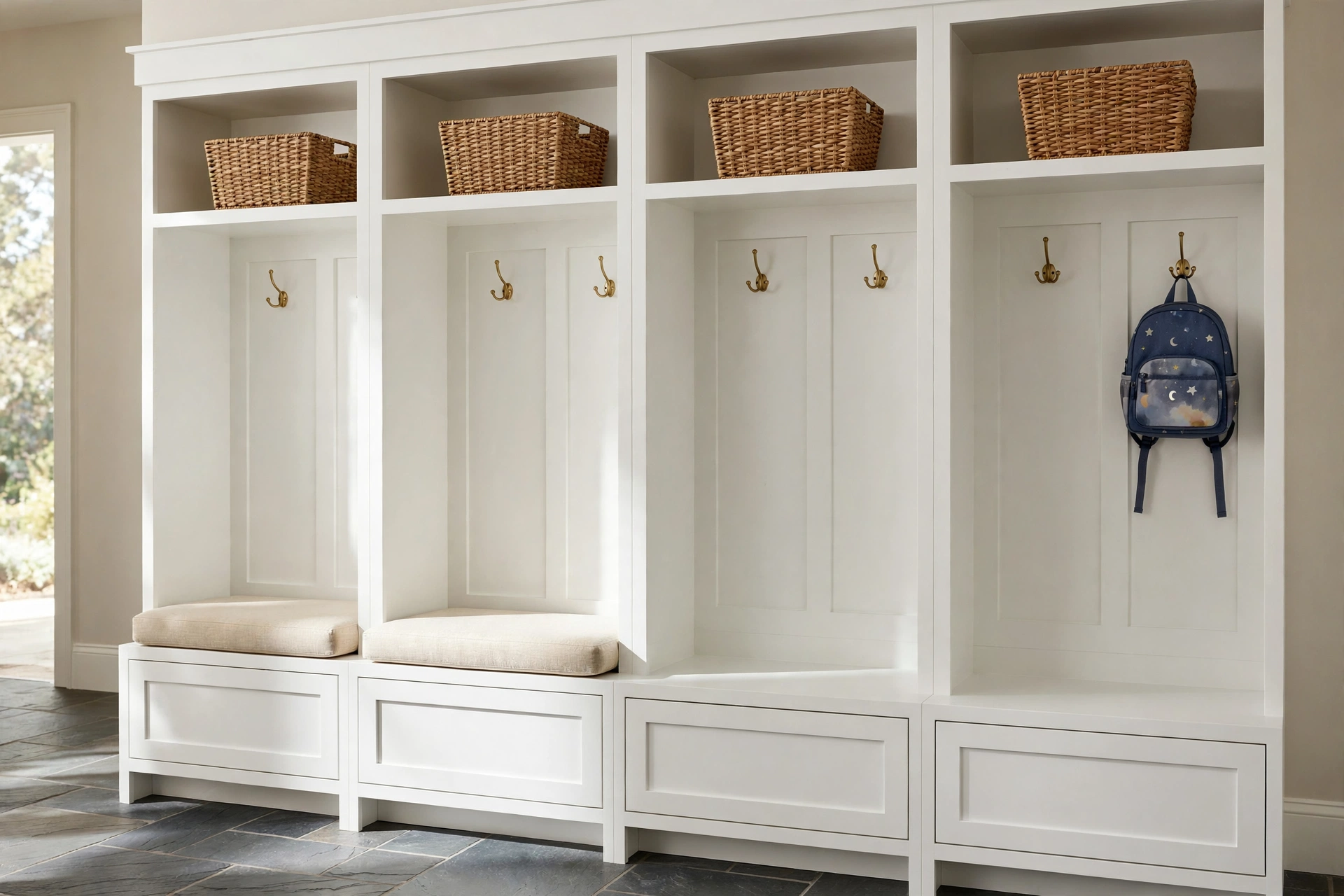 Row of mudroom lockers with individual bench sections, hooks and top cubbies assigned per family member