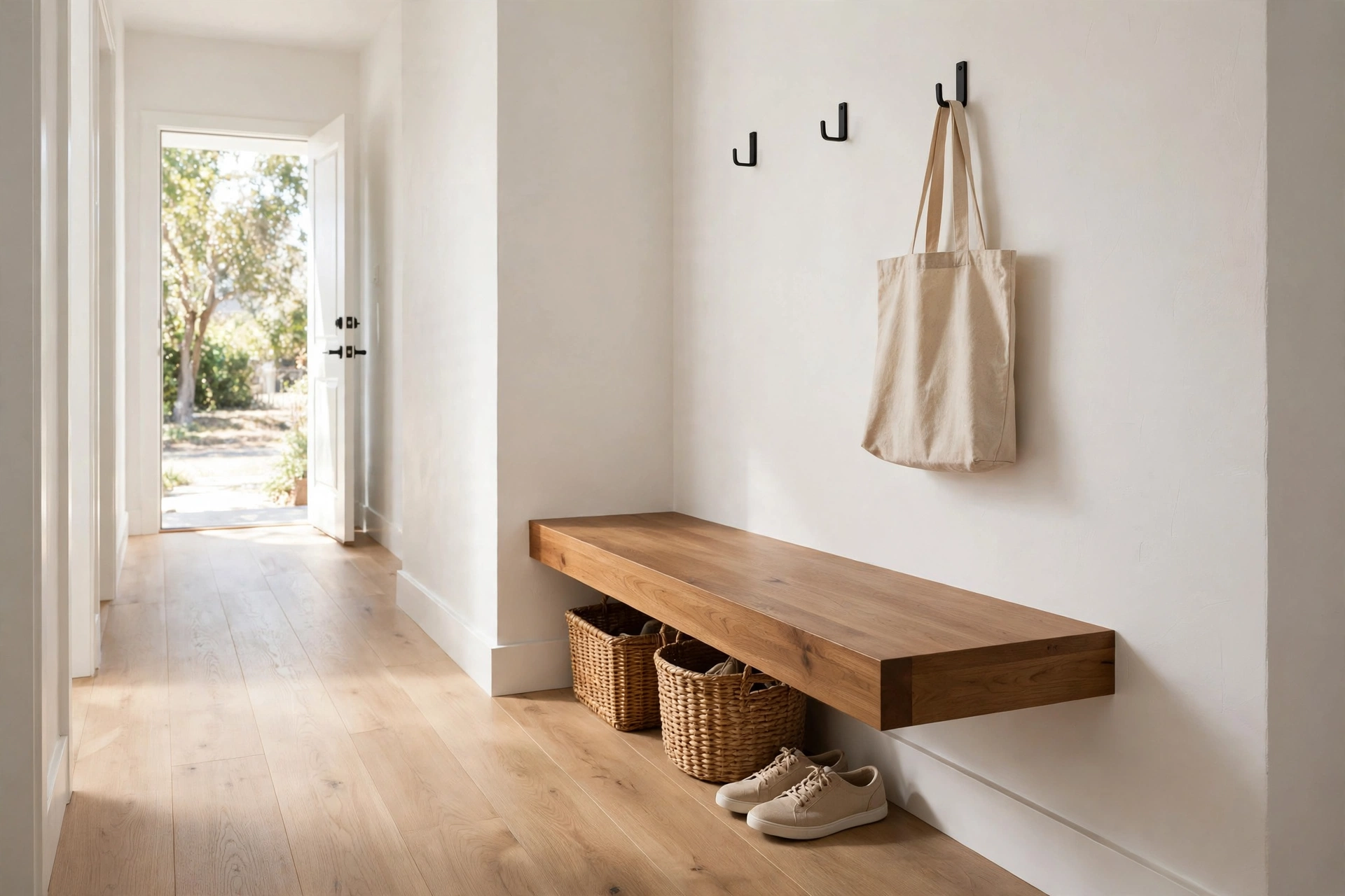 Floating wall-mounted wooden bench in a narrow hallway with woven baskets tucked underneath, light walls