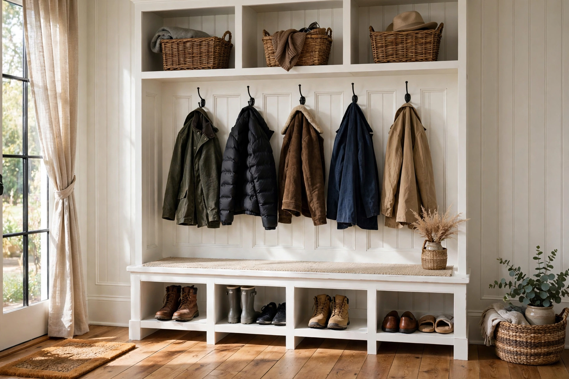 Farmhouse hall tree with bench seat, wall hooks for coats and overhead cubbies with baskets