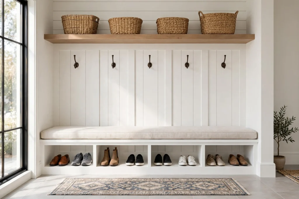 Wide shot of a bright mudroom with a built-in bench, shoe cubbies below and coat hooks above, natural daylight