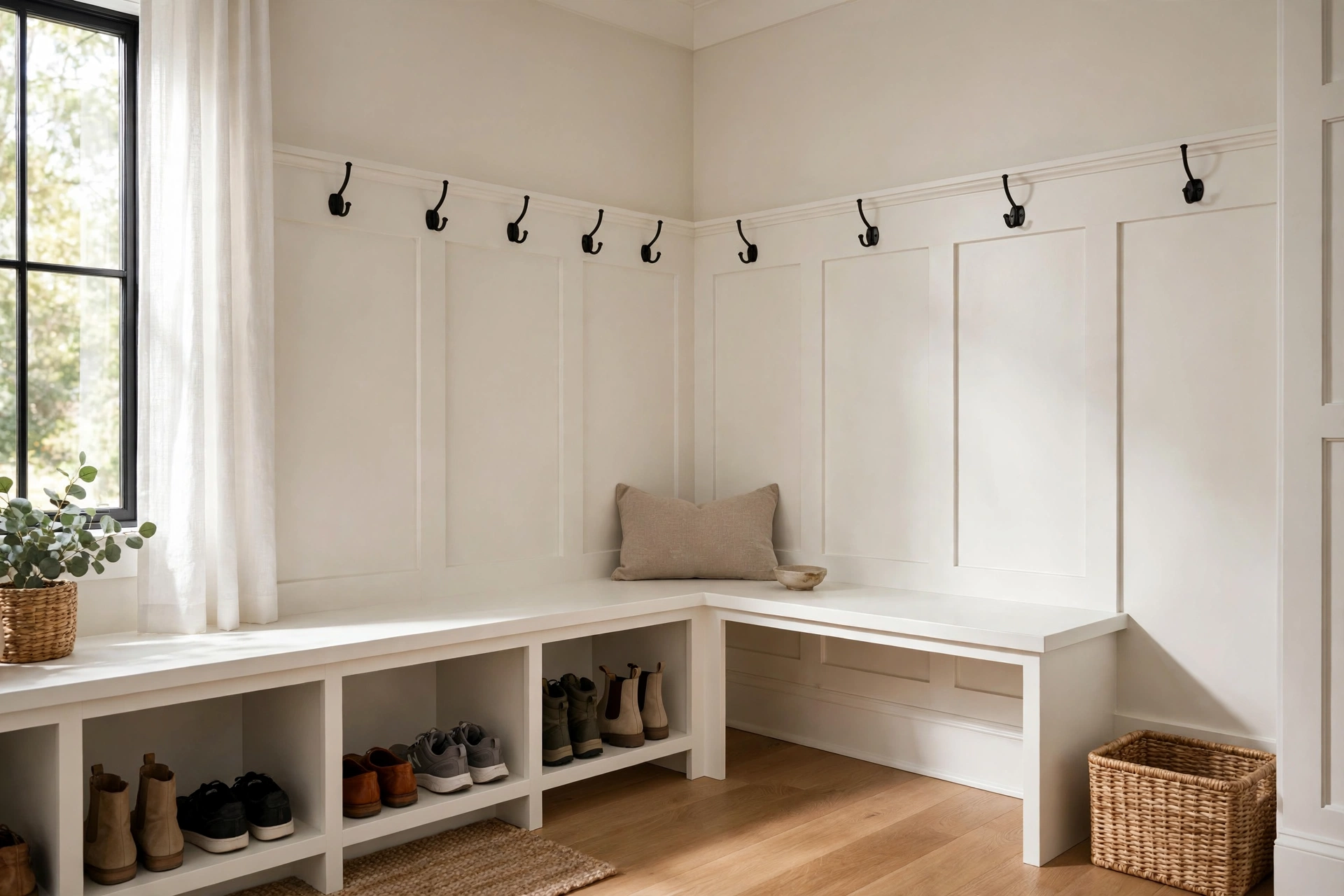 L-shaped corner mudroom bench in white with storage cubbies on the long side and open space on the short side