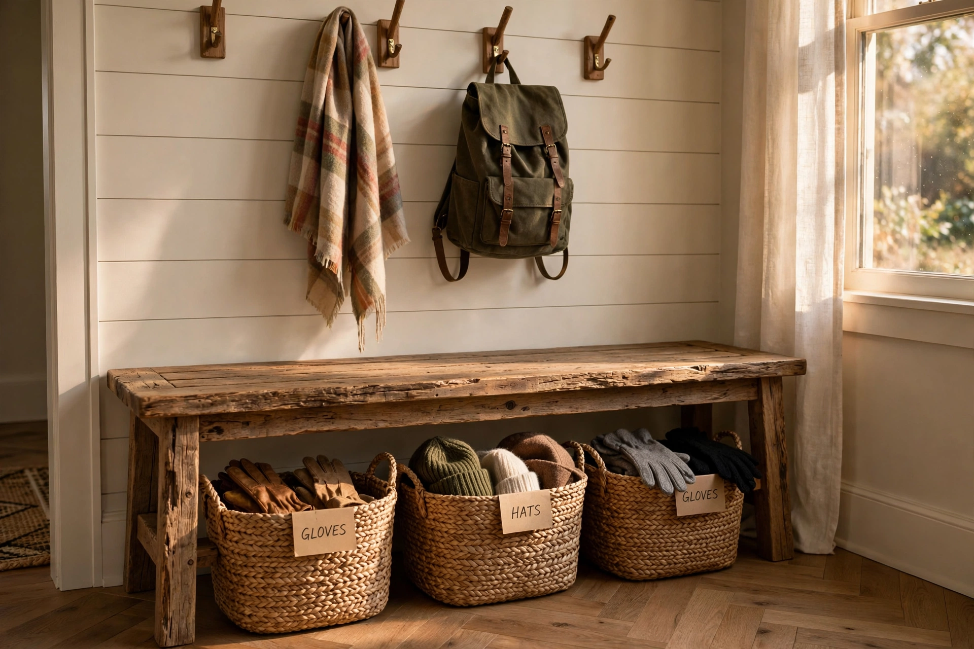 Rustic wooden bench with labelled woven seagrass baskets underneath storing gloves and accessories