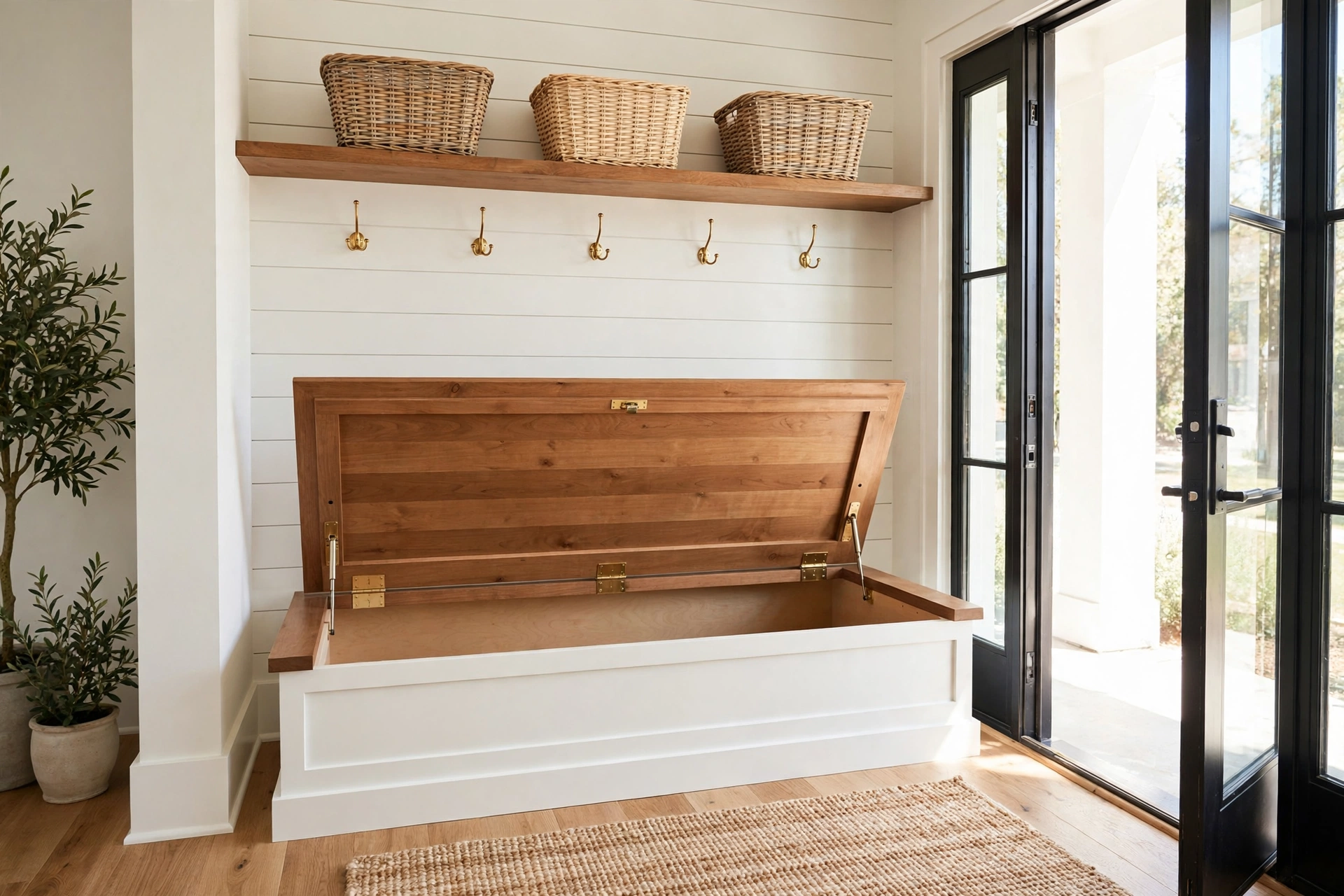 Wooden mudroom bench with hinged lift-top seat opened to reveal hidden storage compartment inside
