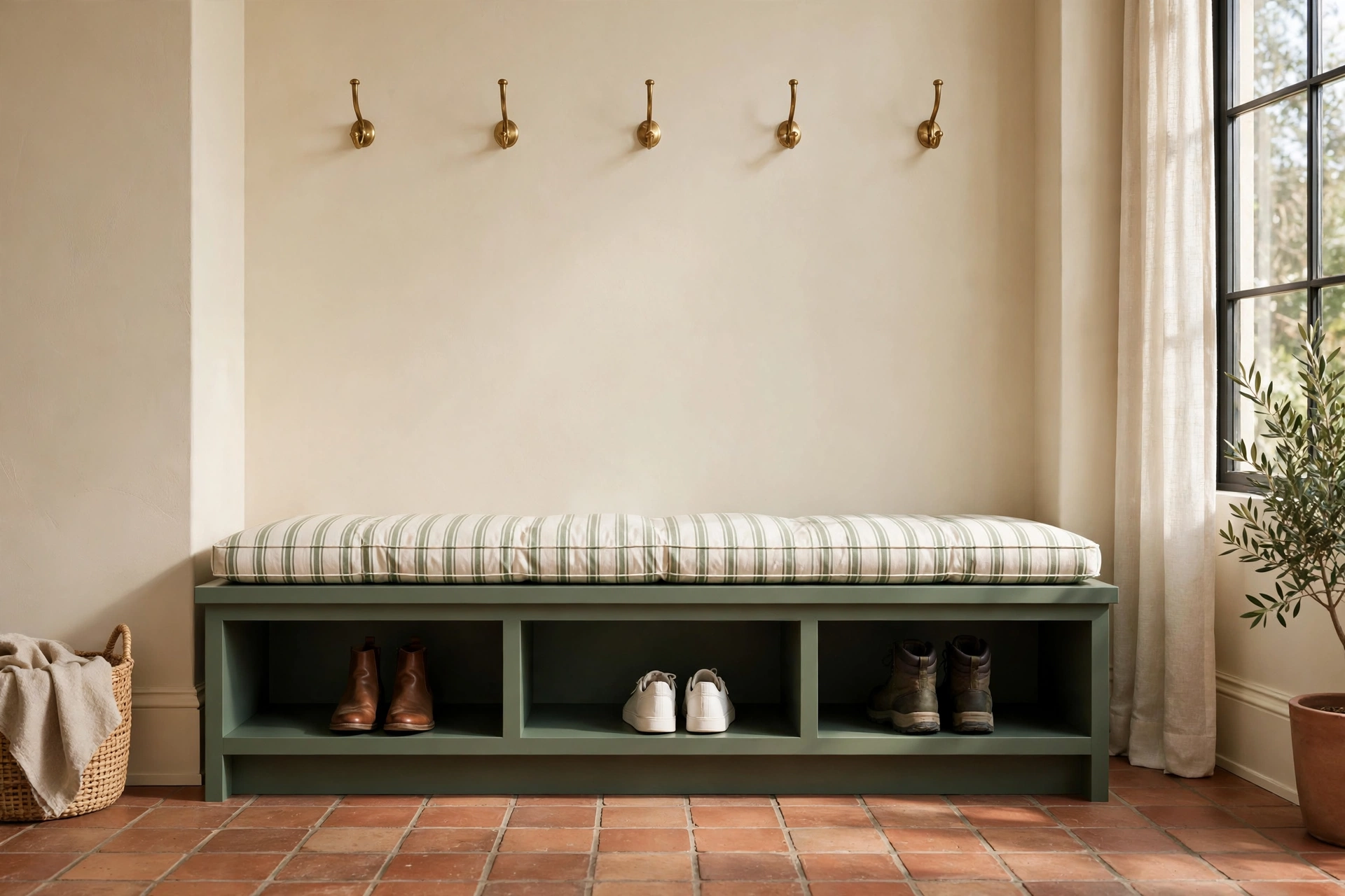 Mudroom bench painted deep sage green with shoe storage cubbies below, neutral cream walls around