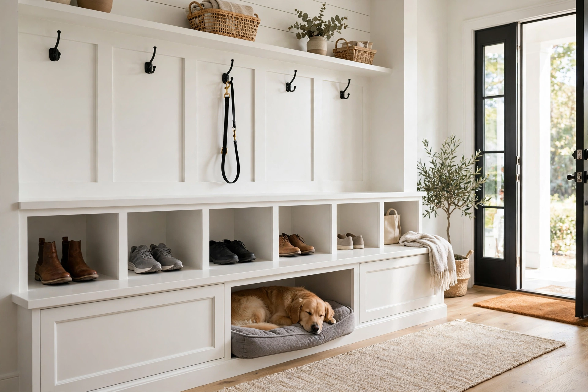Mudroom bench with an open bay underneath fitted as a cosy pet nook with a washable cushion, dog resting inside