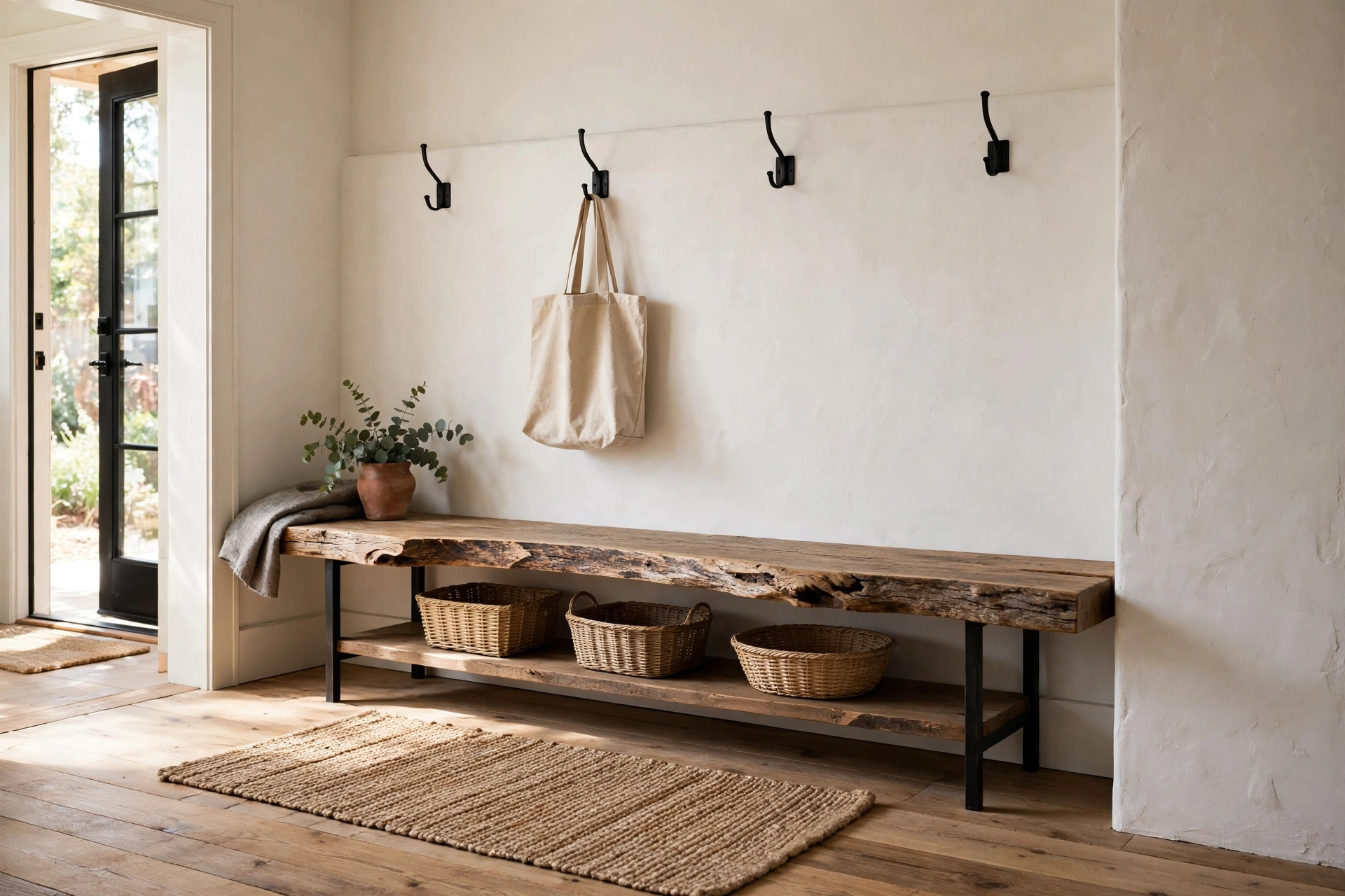 Reclaimed wood bench with natural live edge in a farmhouse mudroom, black hooks above, baskets below