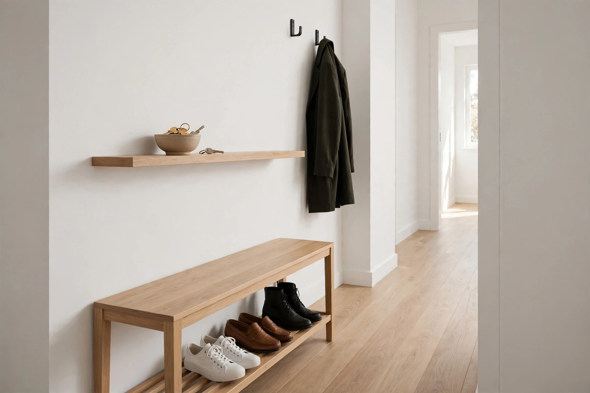 Slim narrow hallway bench in light wood with hooks above and a compact shoe rack below, bright corridor