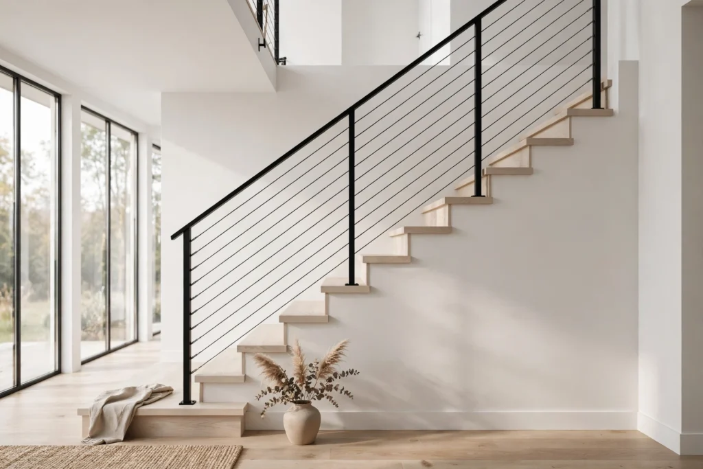 Matte black steel railing with horizontal cable infill beside white oak stairs